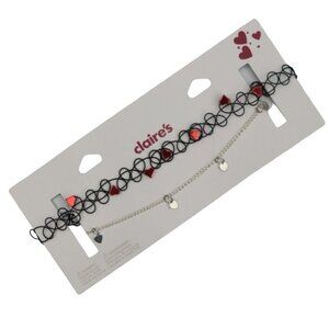 Claires Heart Choker Necklace Set Tattoo Choker Silvertone Heart Charm Choker